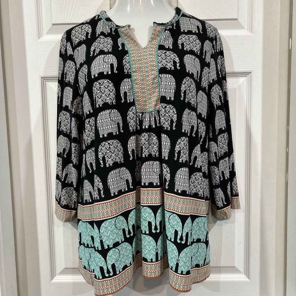 Ruby Rd. Boho Elephant Print Tunic Top Women XL Stretch Knit Blouse Black